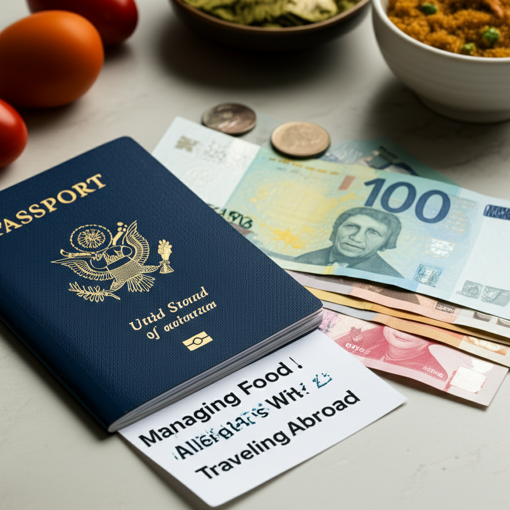 Professional blog header image for article titled: Managing Food Allergies While Traveling Abroad. High quality, relevant imagery, clean composition.