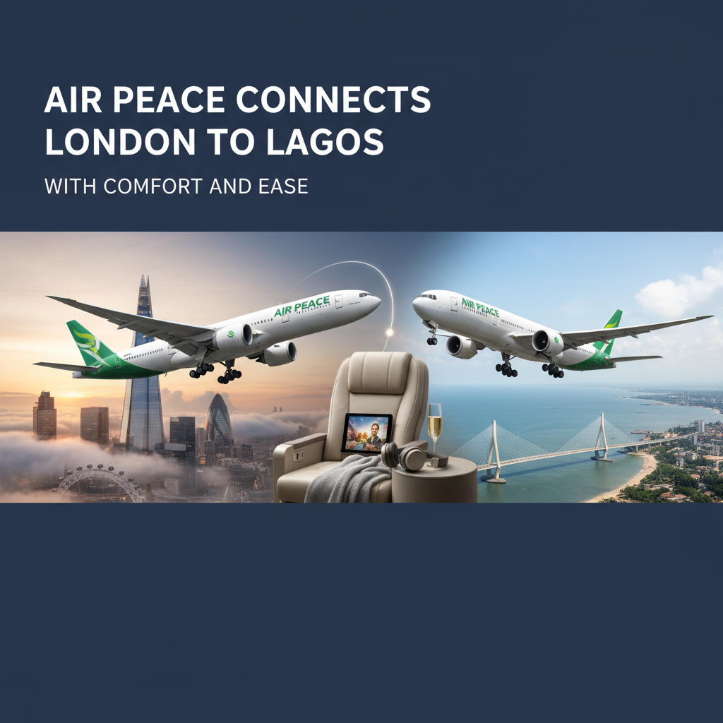 Professional blog header image for article titled: Air Peace Connects London to Lagos with Comfort and Ease. High quality, relevant imagery, clean composition.