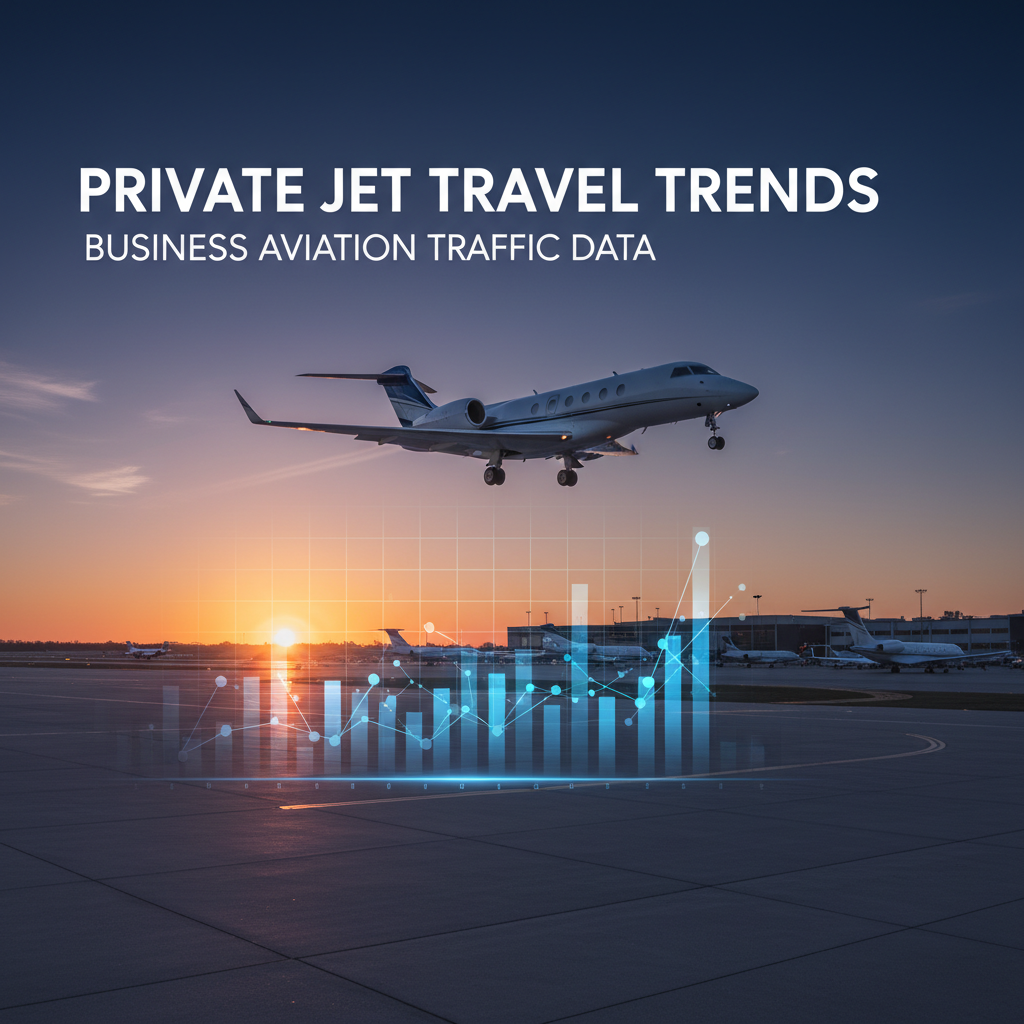 Professional blog header image for article titled: Private Jet Travel Trends - Business Aviation Traffic Data. High quality, relevant imagery, clean composition.