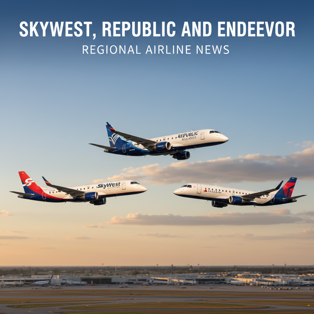 Professional blog header image for article titled: SkyWest, Republic, and Endeavor - Regional Airline News. High quality, relevant imagery, clean composition.