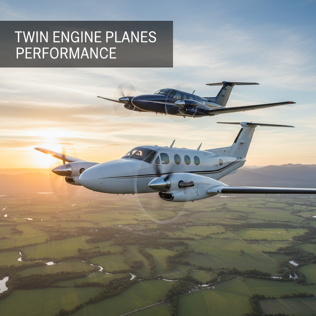 Professional blog header image for article titled: Twin Engine Planes Performance. High quality, relevant imagery, clean composition.