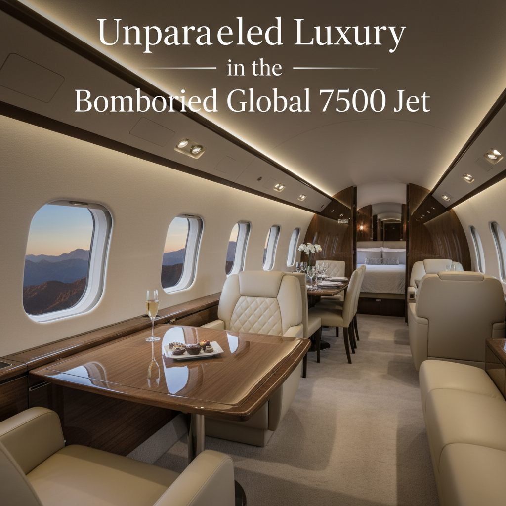 Professional blog header image for article titled: Unparalleled Luxury in the Bombardier Global 7500 Jet. High quality, relevant imagery, clean composition.