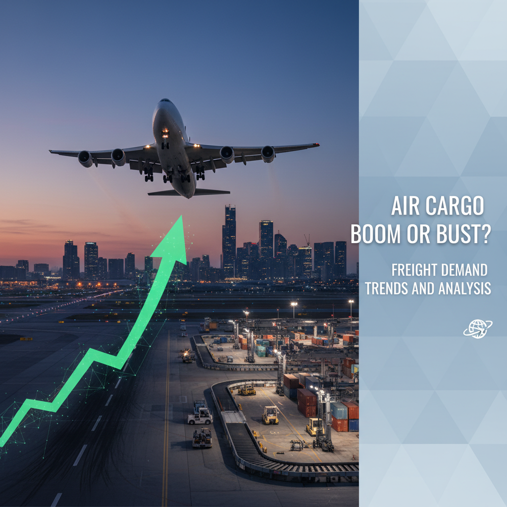 Professional blog header image for article titled: Air Cargo Boom or Bust? Freight Demand Trends and Analysis. High quality, relevant imagery, clean composition.
