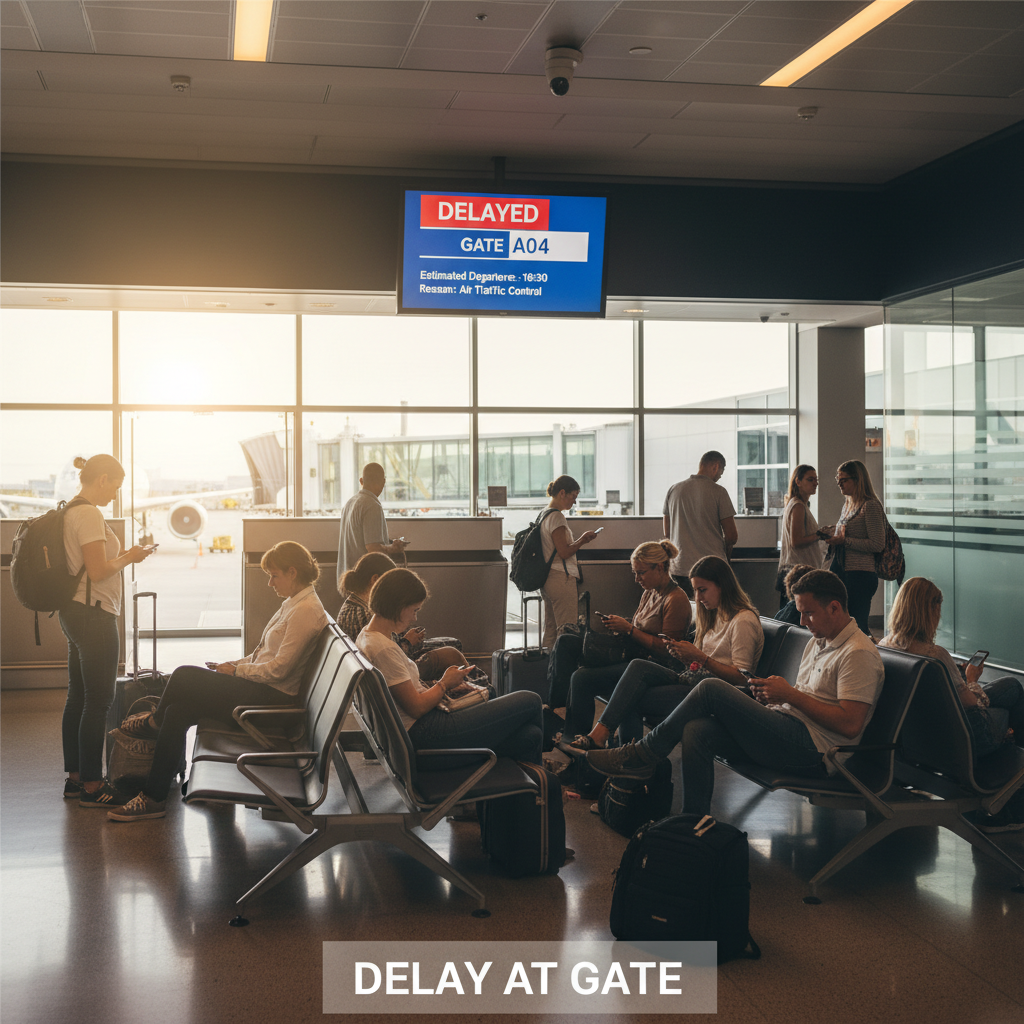 Professional blog header image for article titled: Delay at gate. High quality, relevant imagery, clean composition.