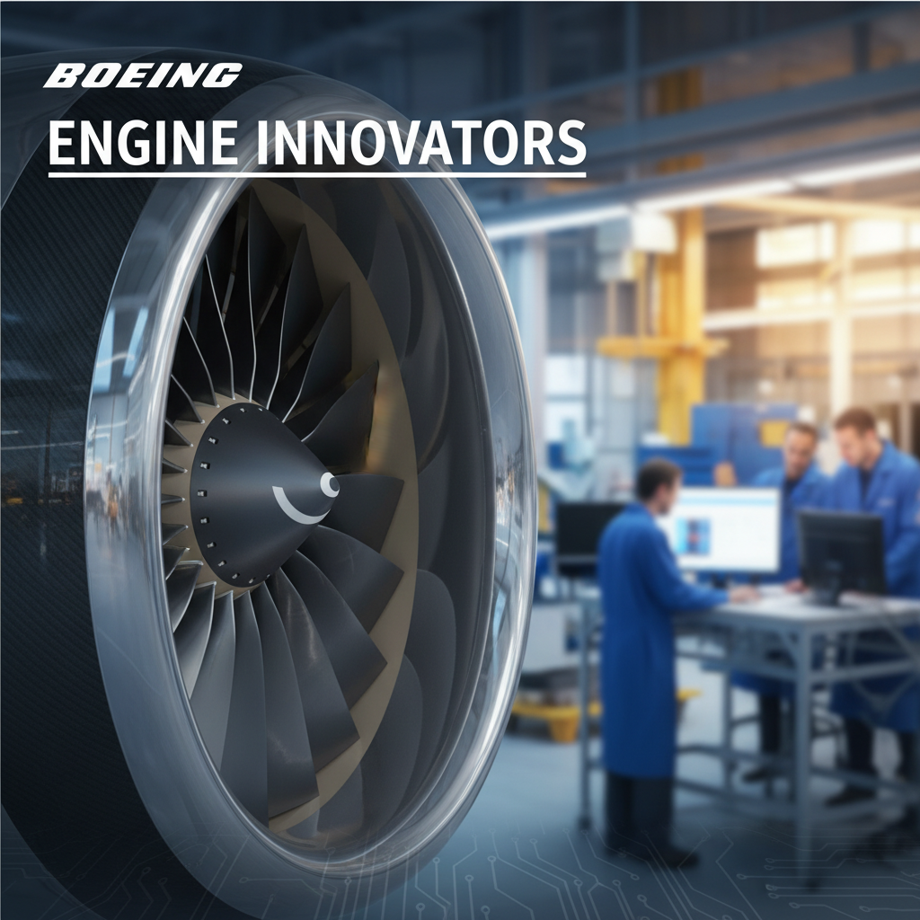 Professional blog header image for article titled: Boeing Engine Innovators. High quality, relevant imagery, clean composition.