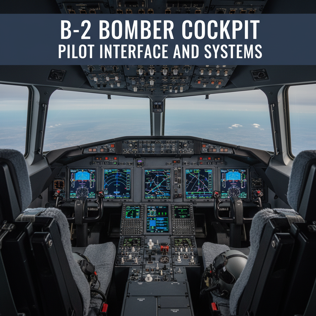 Professional blog header image for article titled: B-2 Bomber Cockpit - Pilot Interface and Systems. High quality, relevant imagery, clean composition.