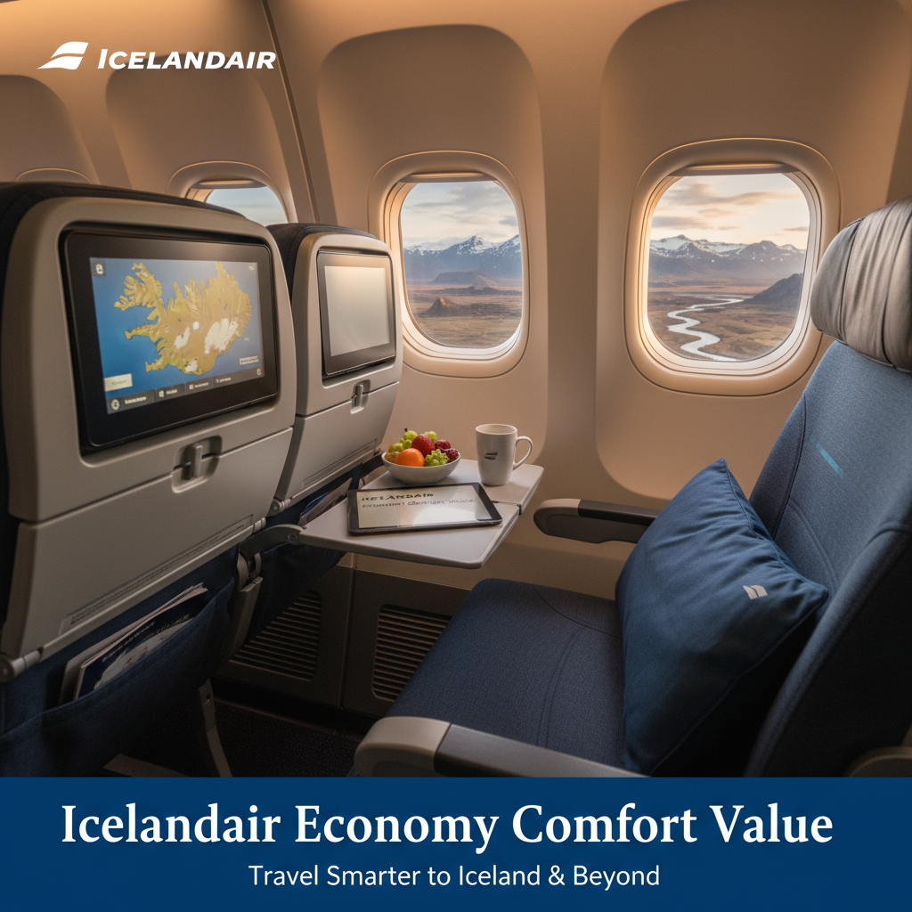 Professional blog header image for article titled: Icelandair Economy Comfort Value. High quality, relevant imagery, clean composition.