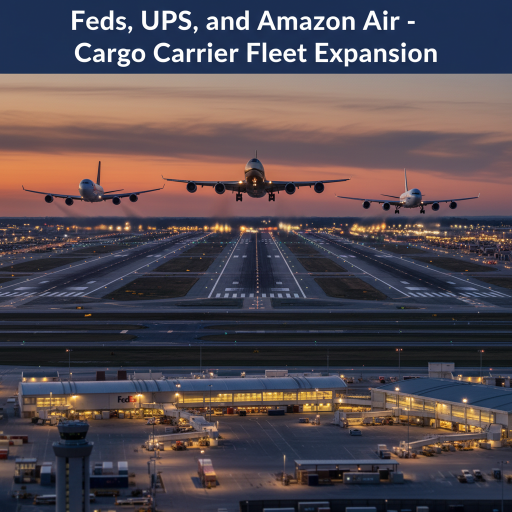 Professional blog header image for article titled: FedEx, UPS, and Amazon Air - Cargo Carrier Fleet Expansion. High quality, relevant imagery, clean composition.
