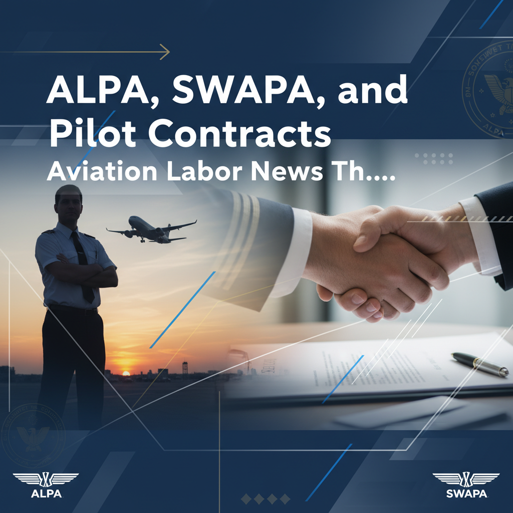 Professional blog header image for article titled: ALPA, SWAPA, and Pilot Contracts - Aviation Labor News Th.... High quality, relevant imagery, clean composition.