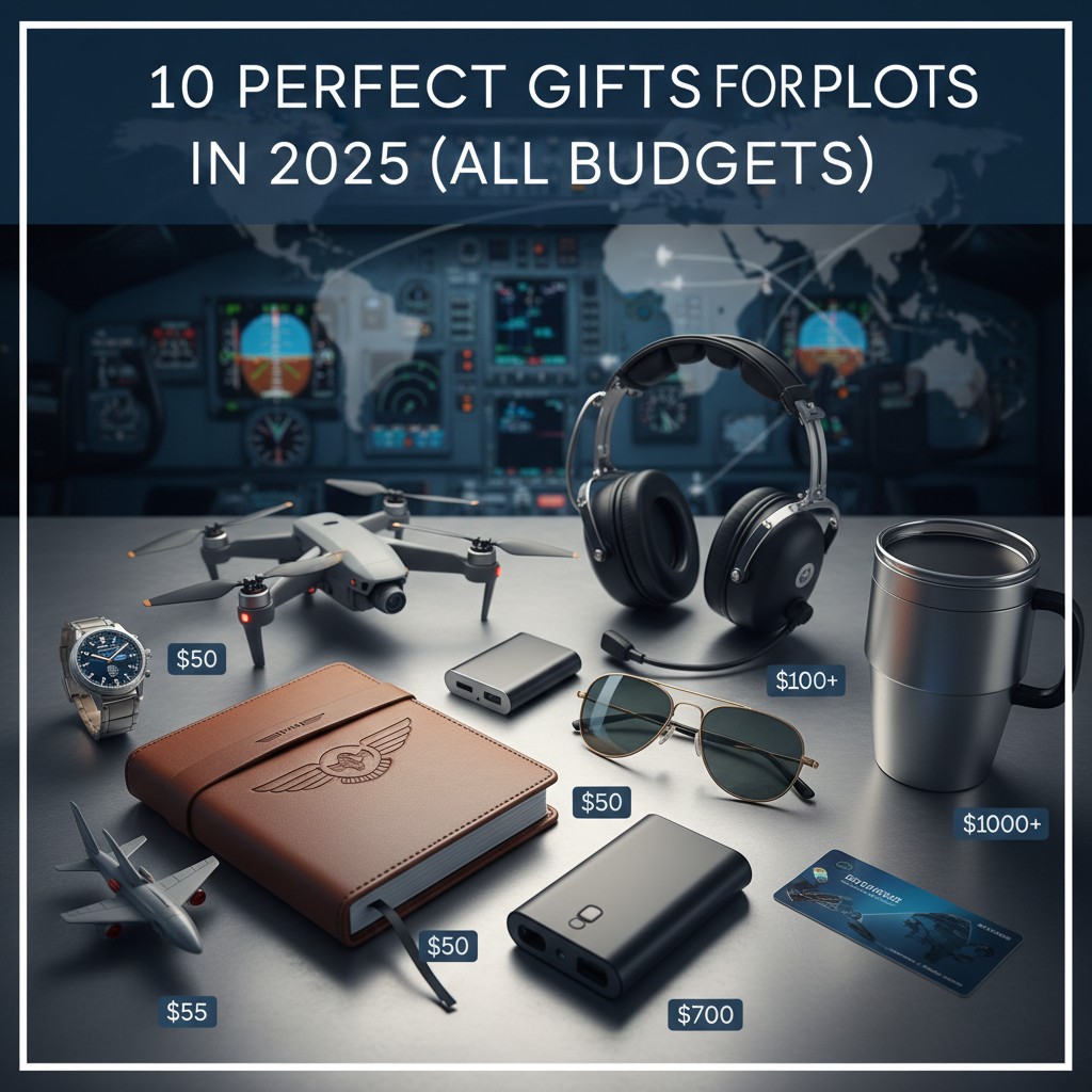 Professional blog header image for article titled: 10 Perfect Gifts for Pilots in 2025 (All Budgets). High quality, relevant imagery, clean composition.
