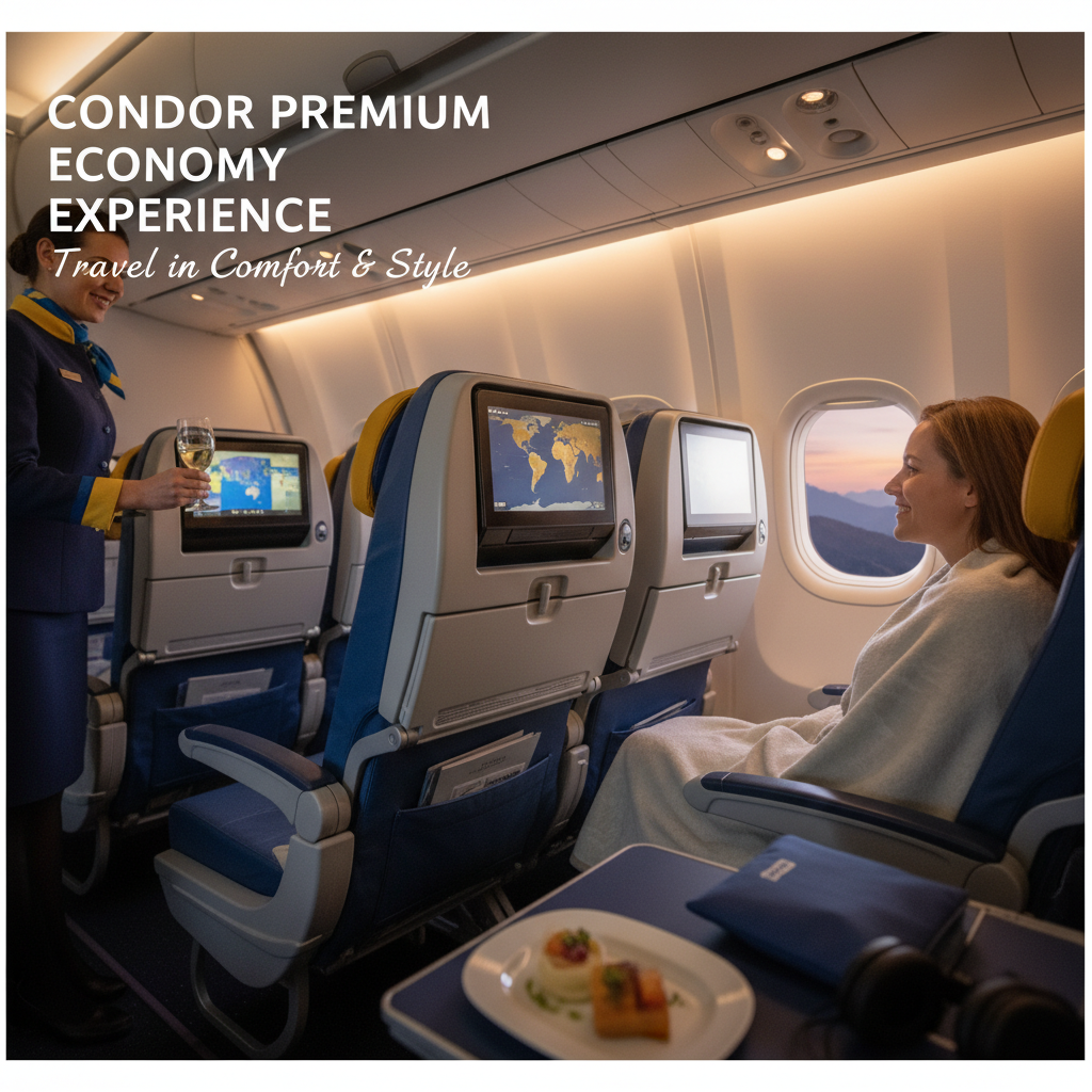 Professional blog header image for article titled: Condor Premium Economy Experience. High quality, relevant imagery, clean composition.