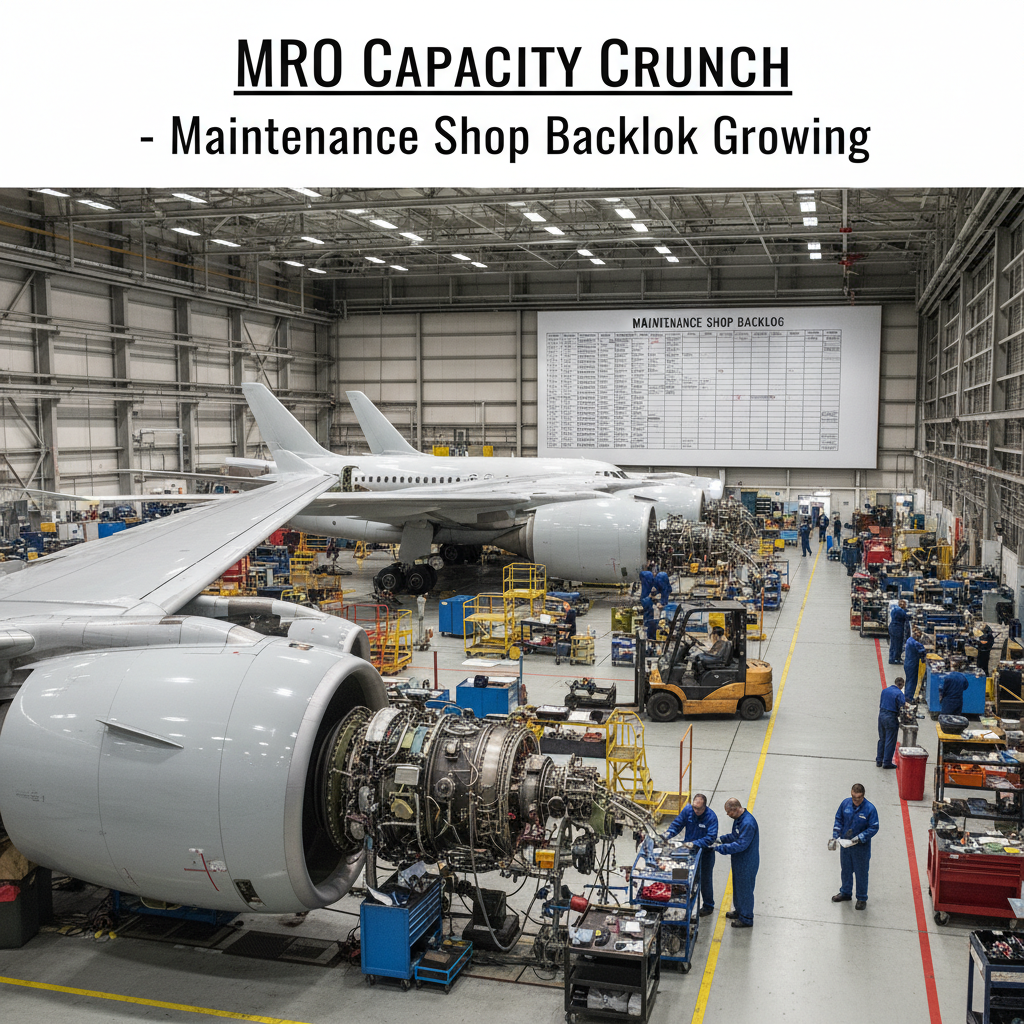 Professional blog header image for article titled: MRO Capacity Crunch - Maintenance Shop Backlog Growing. High quality, relevant imagery, clean composition.