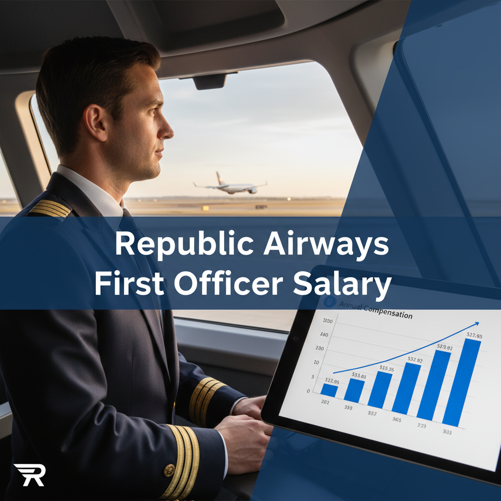 Professional blog header image for article titled: Republic Airways First Officer Salary. High quality, relevant imagery, clean composition.