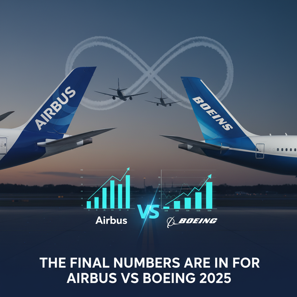 Professional blog header image for article titled: The Final Numbers Are In for Airbus vs Boeing 2025. High quality, relevant imagery, clean composition.