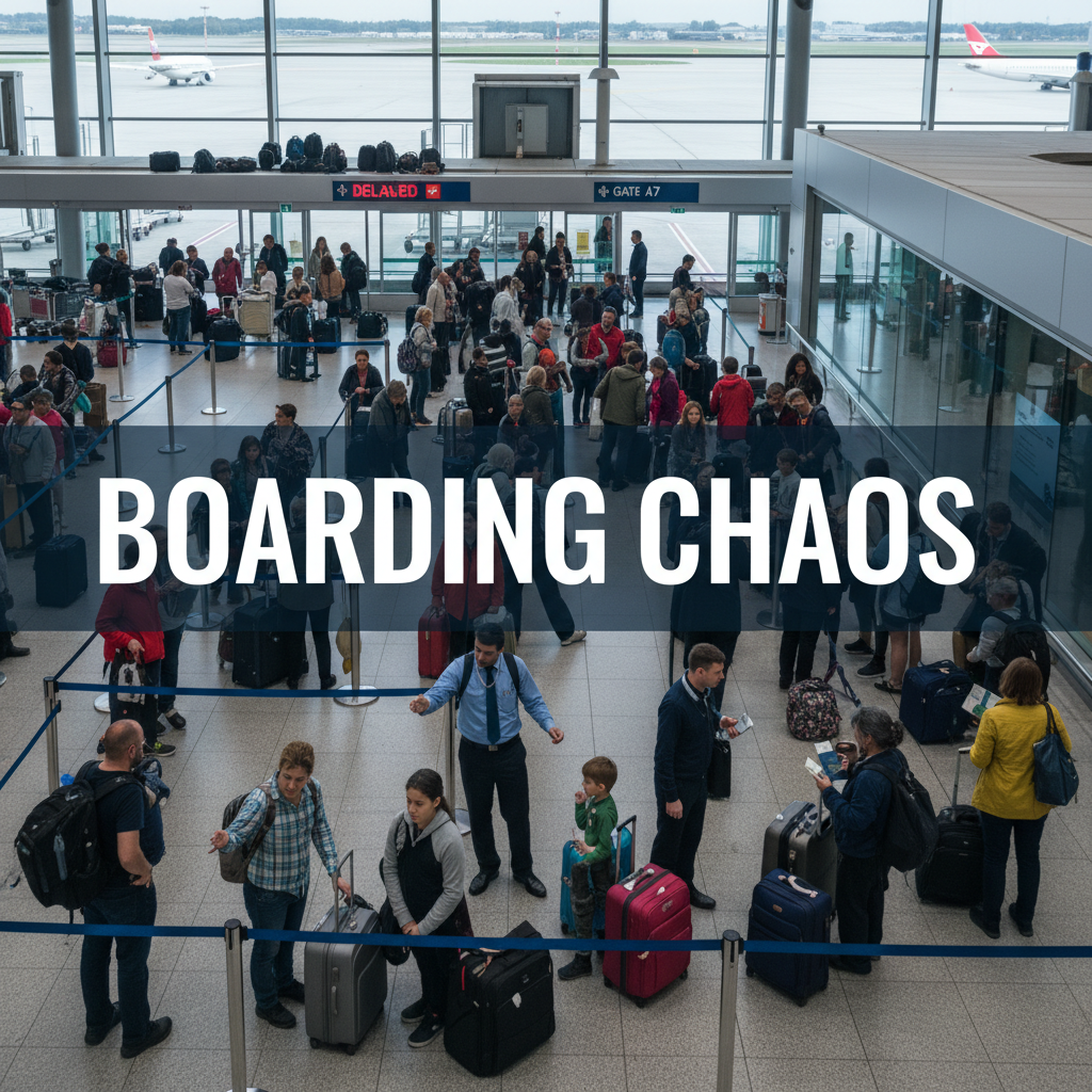 Professional blog header image for article titled: Boarding chaos. High quality, relevant imagery, clean composition.