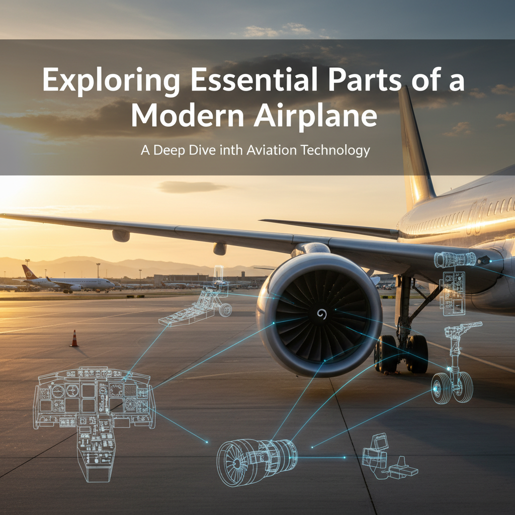 Professional blog header image for article titled: Exploring Essential Parts of a Modern Airplane. High quality, relevant imagery, clean composition.