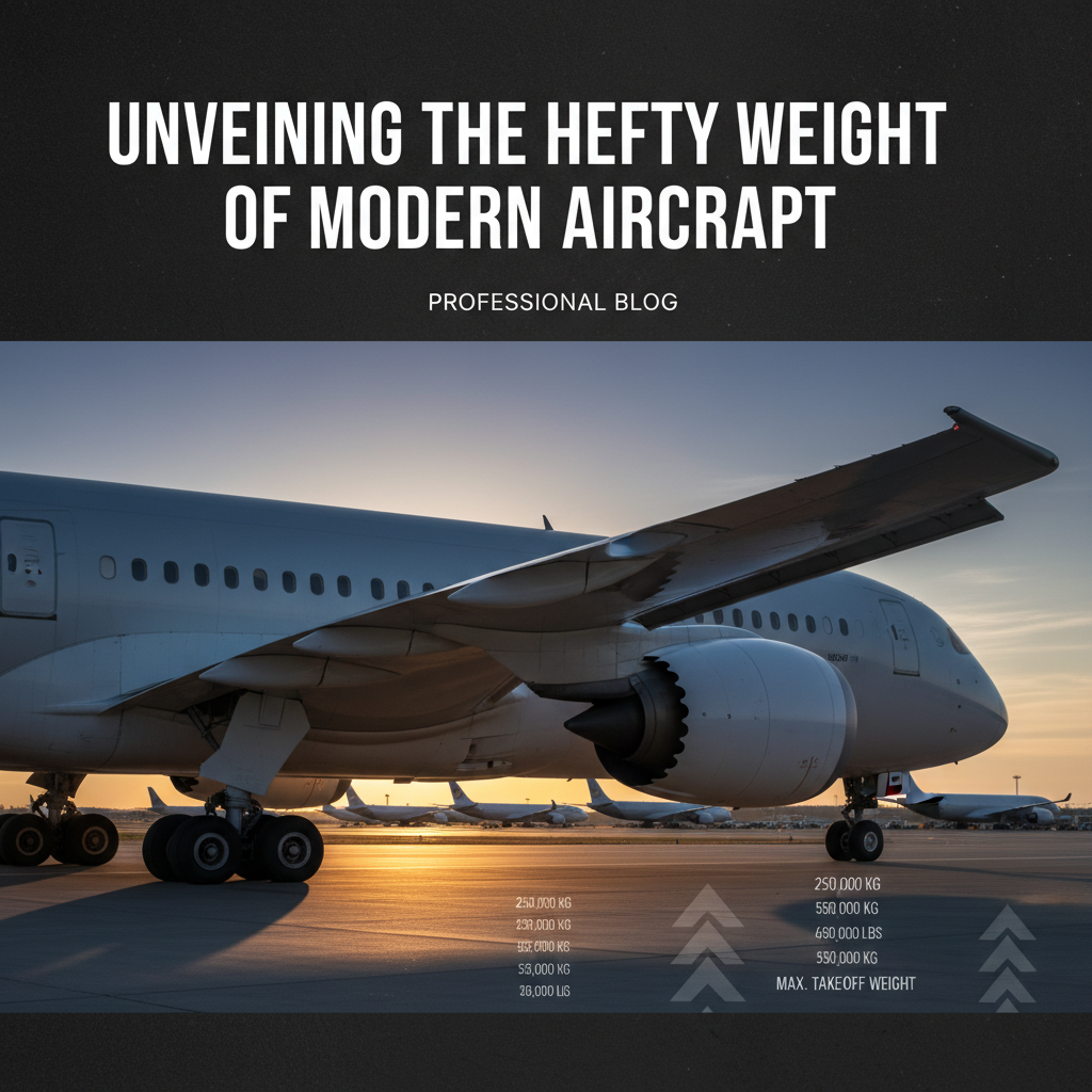 Professional blog header image for article titled: Unveiling the Hefty Weight of Modern Aircraft. High quality, relevant imagery, clean composition.