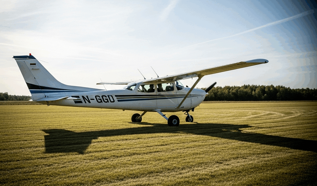 cessna 182 skylane parked on grass strip single engine high 20260331 100939